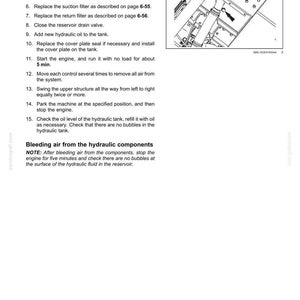 May include: A page from a maintenance manual with instructions for hydraulic system maintenance. The text includes steps for draining, replacing filters, adding oil, and bleeding air. An illustration shows a component with an arrow.