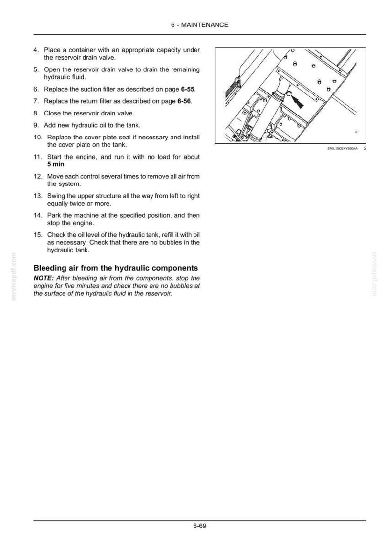 May include: A page from a maintenance manual with instructions for hydraulic system maintenance. The text includes steps for draining, replacing filters, adding oil, and bleeding air. An illustration shows a component with an arrow.