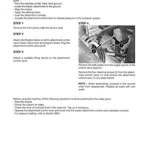 May include: A page from a manual titled "Removal and Installation" with instructions and diagrams for machinery maintenance. Includes steps for removing and installing parts, with safety precautions and diagrams.
