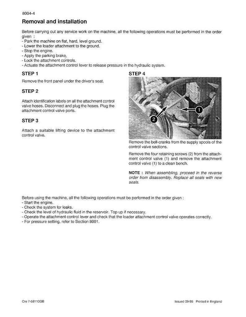 May include: A page from a manual titled "Removal and Installation" with instructions and diagrams for machinery maintenance. Includes steps for removing and installing parts, with safety precautions and diagrams.