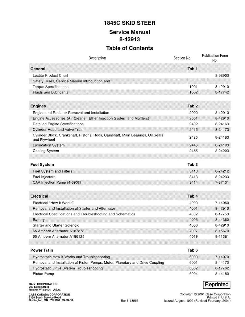 May include: A service manual for the 1845C Skid Steer, featuring a table of contents. The document lists sections on engines, fuel systems, electrical components, and power train. Includes Case Corporation information.
