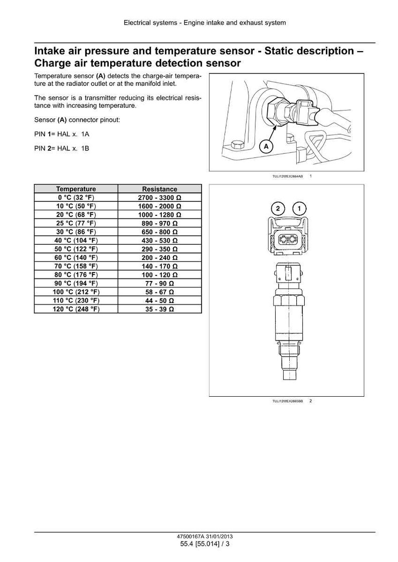 May include: Diagram of an intake air pressure and temperature sensor, detailing its function and pinout. Includes a table showing temperature in Fahrenheit and Celsius, with corresponding resistance values in Ohms. The sensor is a transmitter.