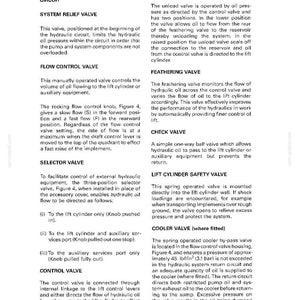 Op de afbeelding: Een pagina uit een handleiding met details over hydraulische systemen, inclusief drukventielen, debietregeling en veiligheidskleppen. Tekst en diagrammen leggen de functie van elk onderdeel uit.