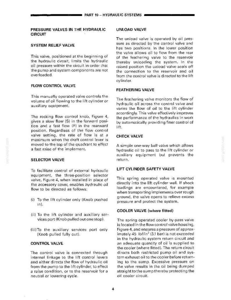 Op de afbeelding: Een pagina uit een handleiding met details over hydraulische systemen, inclusief drukventielen, debietregeling en veiligheidskleppen. Tekst en diagrammen leggen de functie van elk onderdeel uit.