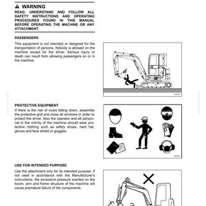 May include: A page from a manual with safety instructions for operating machinery. The page includes warnings, diagrams of protective equipment, and illustrations of proper and improper machine use. Text includes "Safety Instructions" and "Warning".