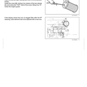 May include: Diagram of engine maintenance instructions. The image shows a hand holding a tool to inspect a filter, and a diagram of an engine component with a 15-degree angle marked. Text includes maintenance steps.