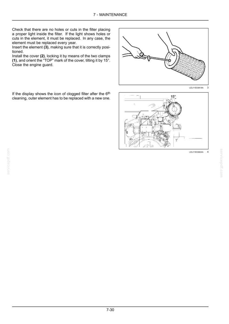 May include: Diagram of engine maintenance instructions. The image shows a hand holding a tool to inspect a filter, and a diagram of an engine component with a 15-degree angle marked. Text includes maintenance steps.