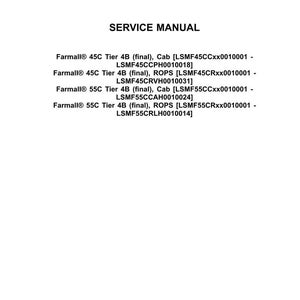May include: A white page with the Case IH Agriculture logo and the words "SERVICE MANUAL". Below, it lists Farmall tractor model specifications, including model numbers and ROPS/Cab details.