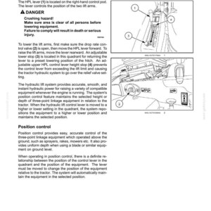 May include: A technical manual page titled Right-Hand Side Controls, detailing the Hydraulic Power Lift system. It includes black and white line drawings of control levers, numbered 1 through 4, with text explaining safety and operation.