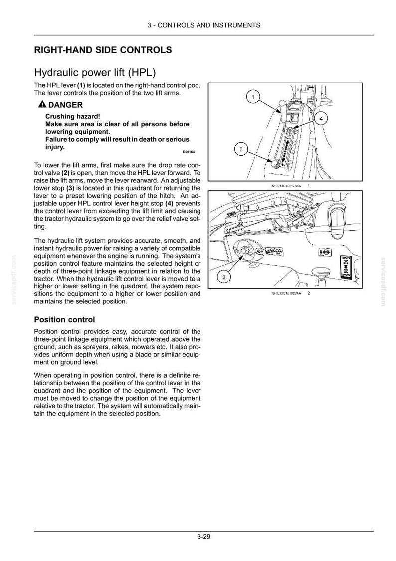 May include: A technical manual page titled Right-Hand Side Controls, detailing the Hydraulic Power Lift system. It includes black and white line drawings of control levers, numbered 1 through 4, with text explaining safety and operation.