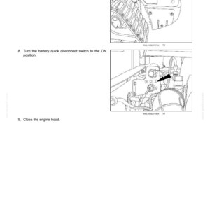 May include: A technical maintenance manual page titled 7 - MAINTENANCE, featuring two black and white line drawings. The first shows a battery cover installation, and the second illustrates a battery quick disconnect switch set to the ON position.