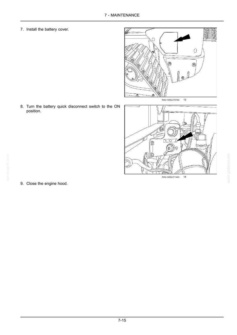 May include: A technical maintenance manual page titled 7 - MAINTENANCE, featuring two black and white line drawings. The first shows a battery cover installation, and the second illustrates a battery quick disconnect switch set to the ON position.