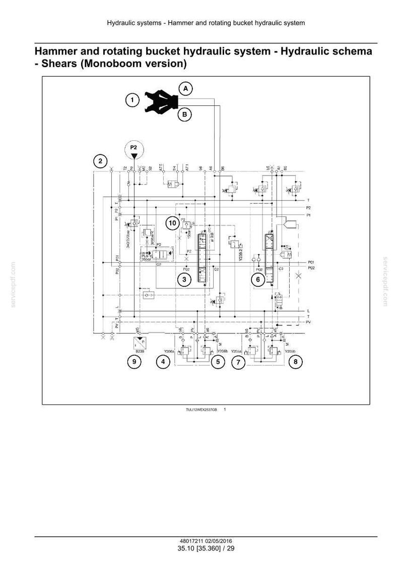 Op de afbeelding: Diagram van een hydraulisch systeem, getiteld "Hammer and rotating bucket hydraulic system - Hydraulic schema - Shears (Monoboom version)". Het diagram bevat verschillende componenten, lijnen en labels, met de tekst "servicepdf.com" zichtbaar.