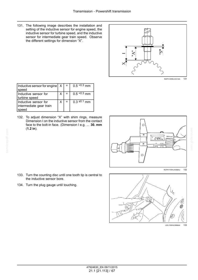 May include: Diagram showing the installation and settings of an inductive sensor for engine speed, turbine speed, and intermediate gear train speed. Includes measurements in mm and inches, with a dimension of 30 mm (1.2 in).
