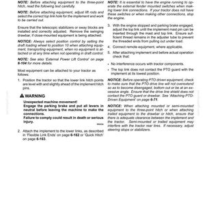 Puede incluir: Una p&aacute;gina de documento t&eacute;cnico titulada 6-WORKING OPERATIONS, THREE POINT HITCH, que detalla las instrucciones para acoplar equipos de enganche de tres puntos a un tractor. El texto incluye advertencias de seguridad, pasos numerados y notas t&eacute;cnicas.