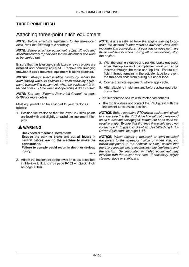 Puede incluir: Una p&aacute;gina de documento t&eacute;cnico titulada 6-WORKING OPERATIONS, THREE POINT HITCH, que detalla las instrucciones para acoplar equipos de enganche de tres puntos a un tractor. El texto incluye advertencias de seguridad, pasos numerados y notas t&eacute;cnicas.