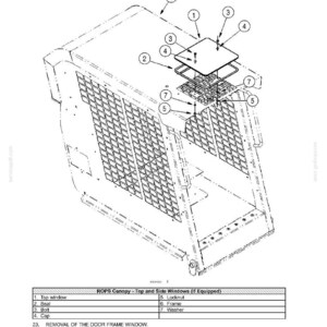 May include: An engineering diagram of a ROPS canopy, showing the top window, seal, bolts, cap, locknut, frame, and washers. The diagram is labeled with numbers and includes the text "BODY AND STRUCTURE - USER PLATFORM".