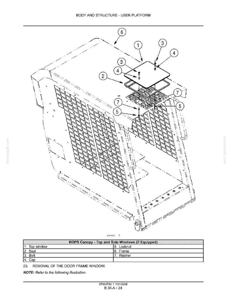 May include: An engineering diagram of a ROPS canopy, showing the top window, seal, bolts, cap, locknut, frame, and washers. The diagram is labeled with numbers and includes the text "BODY AND STRUCTURE - USER PLATFORM".