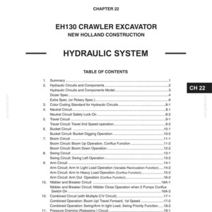 Puede incluir: Una p&aacute;gina del manual de una excavadora de orugas EH130, con el cap&iacute;tulo "Sistema hidr&aacute;ulico". El &iacute;ndice enumera varios circuitos y operaciones hidr&aacute;ulicas, con el logotipo de New Holland Construction.