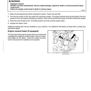 Op de afbeelding: Pagina uit een handleiding met details over starthulpmiddelen voor de motor, inclusief waarschuwingen over explosiegevaar. Instructies omvatten stoelverstellingen, bediening van de contactsleutel, gashendelpositionering en activering van de startmotor. Een illustratie van motoronderdelen is opgenomen.