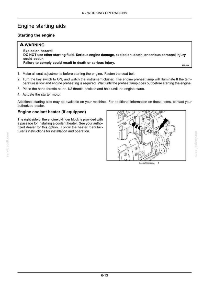 Op de afbeelding: Pagina uit een handleiding met details over starthulpmiddelen voor de motor, inclusief waarschuwingen over explosiegevaar. Instructies omvatten stoelverstellingen, bediening van de contactsleutel, gashendelpositionering en activering van de startmotor. Een illustratie van motoronderdelen is opgenomen.