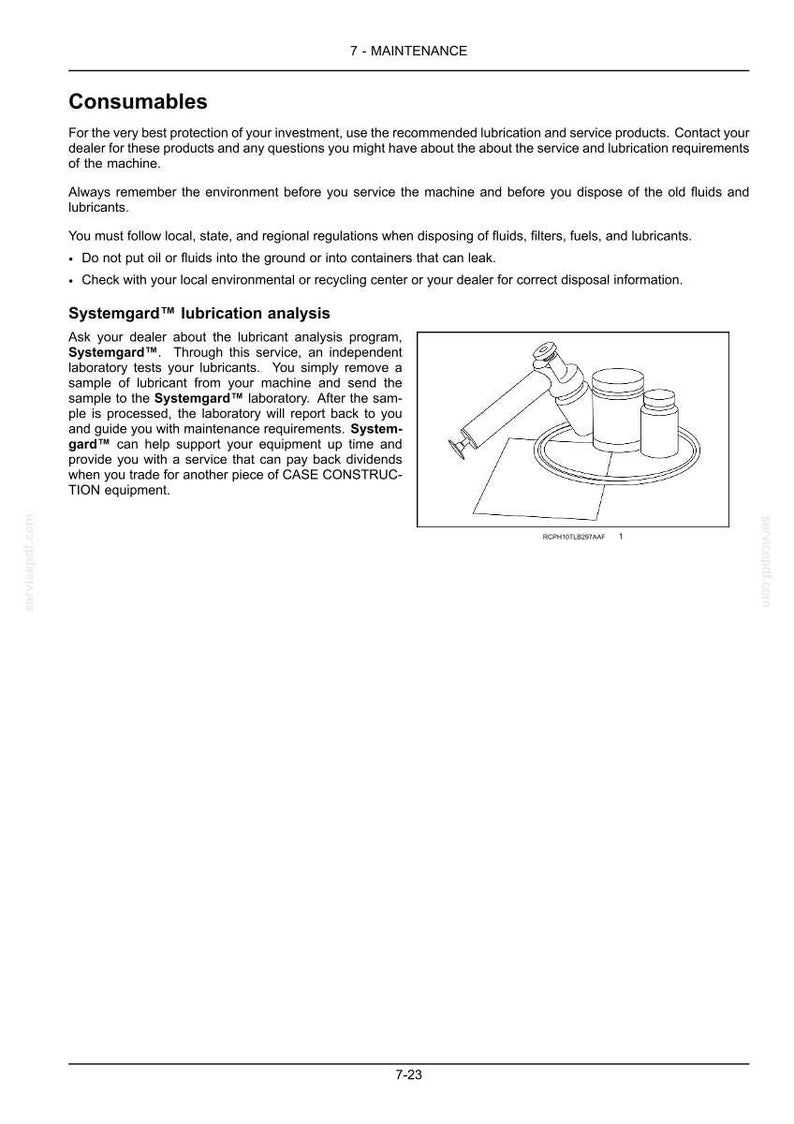 May include: An illustration of maintenance equipment, including a pump, bottles, and containers, is displayed on a white background. The image is part of a document discussing consumables and Systemgard lubrication analysis for machinery.