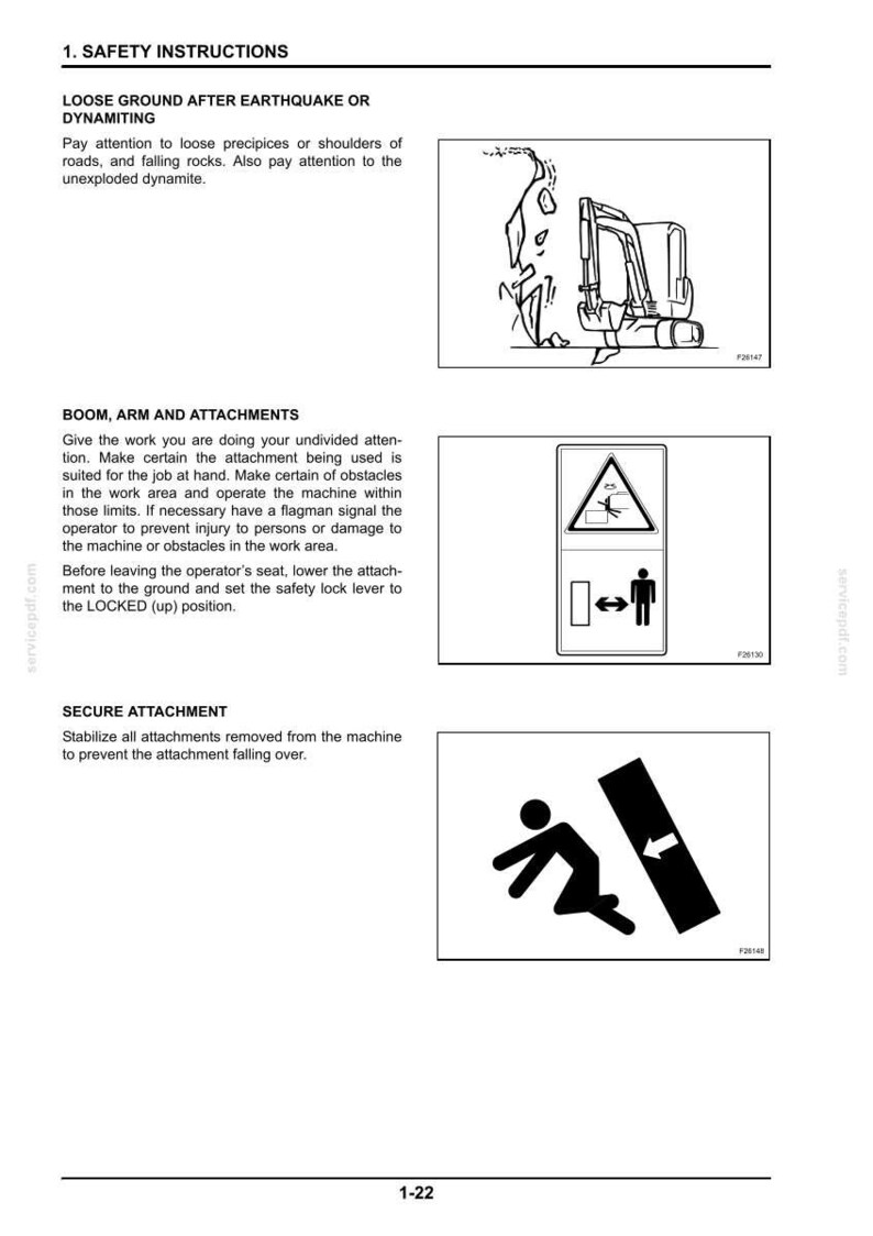 May include: Page from a safety manual with three illustrations. The first shows an excavator with falling debris. The second depicts a warning sign with a person and a machine. The third shows a person falling.