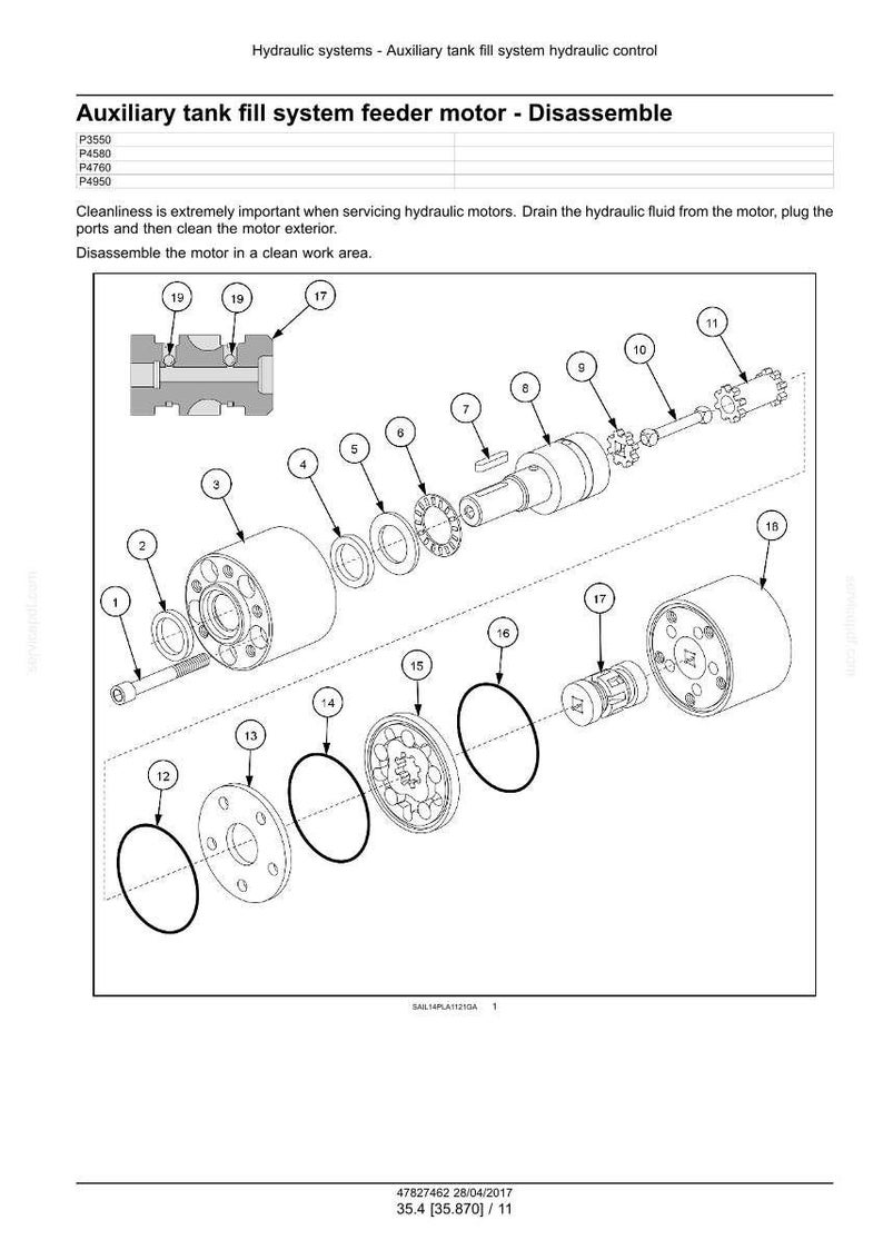 May include: Diagram of an auxiliary tank fill system feeder motor disassembly. The image shows various components labeled with numbers, including gears, seals, and a motor housing. Text includes instructions and model numbers.