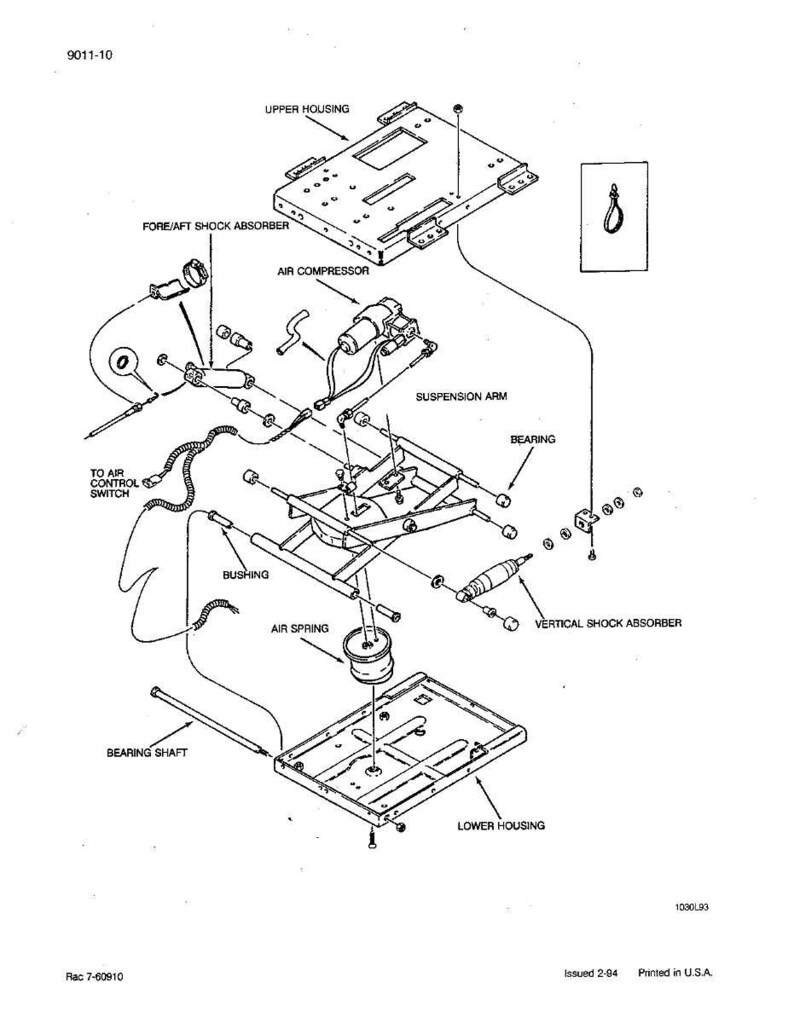 May include: An exploded diagram of a mechanical assembly, featuring an upper and lower housing, air spring, and various components labeled 'air compressor', 'suspension arm', and 'vertical shock absorber'. The diagram includes text such as '9011-10' and 'Issued 2-94'.