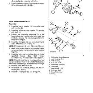 May include: Diagram of a front axle assembly with labeled parts. Includes illustrations of differential carrier bearings, axle housing, outer bearing, axle shaft, differential assembly, shim pack, and more. Text includes assembly instructions.
