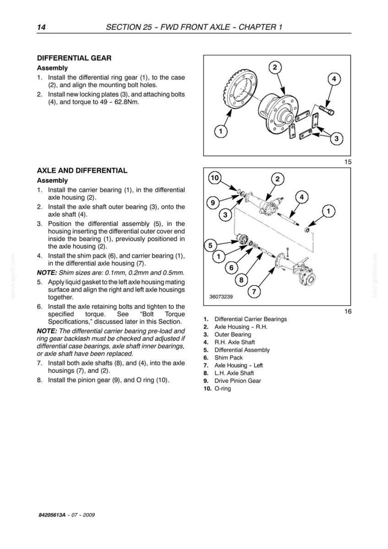May include: Diagram of a front axle assembly with labeled parts. Includes illustrations of differential carrier bearings, axle housing, outer bearing, axle shaft, differential assembly, shim pack, and more. Text includes assembly instructions.