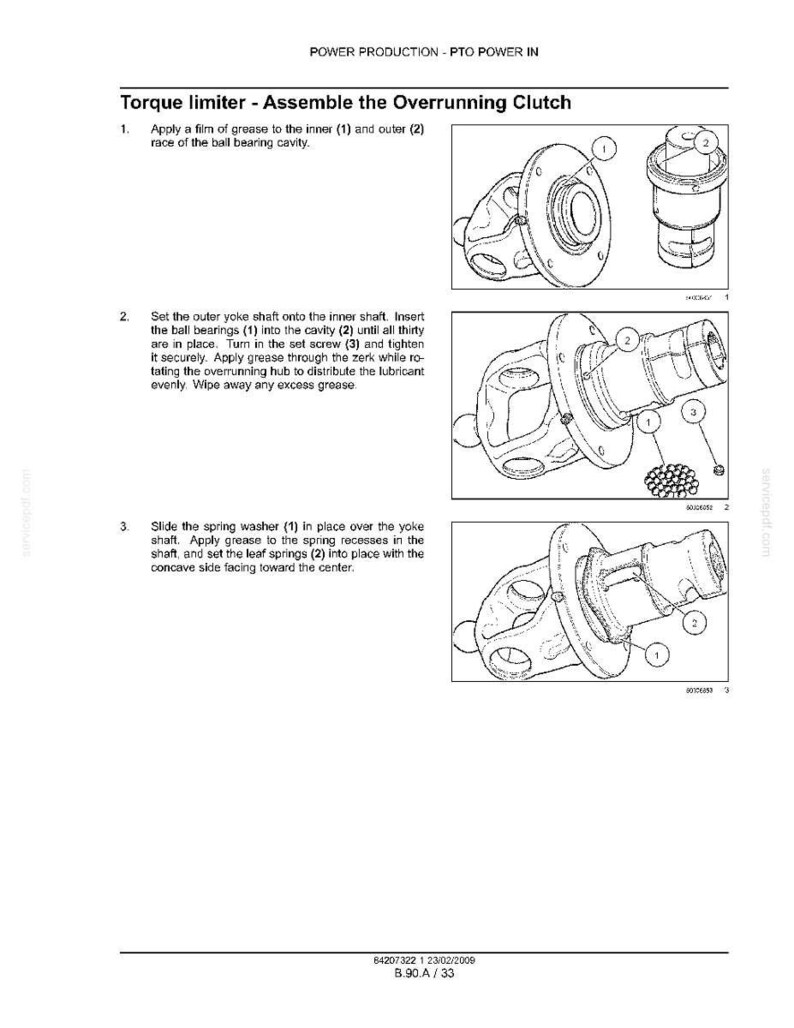 May include: Diagram of a torque limiter assembly, with detailed instructions and numbered parts. The text reads "Torque limiter - Assemble the Overrunning Clutch." Includes images of the components and assembly steps. The document is labeled "POWER PRODUCTION - PTO POWER IN."