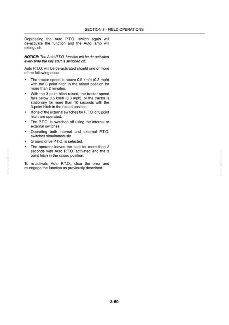 Peut inclure: Une page de manuel technique intitul&eacute;e SECTION 3 - FIELD OPERATIONS, d&eacute;taillant les instructions pour l'interrupteur Auto P.T.O. Elle &eacute;num&egrave;re les conditions de d&eacute;sactivation automatique, y compris les seuils de vitesse de 0,5 km/h.