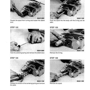May include: A technical diagram with six steps detailing the disassembly of a mechanical component. The steps include loosening studs, removing O-rings, and removing the spool. The image includes text and part numbers.