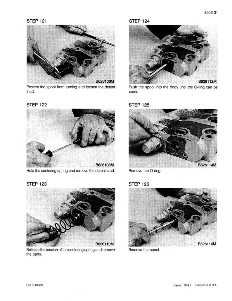 May include: A technical diagram with six steps detailing the disassembly of a mechanical component. The steps include loosening studs, removing O-rings, and removing the spool. The image includes text and part numbers.
