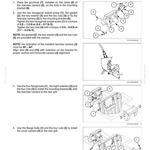 May include: Diagram of camera installation steps, including grommet, screws, washers, and nuts. Instructions detail torque specifications and alignment for the rearview camera and mounting bracket. Includes diagrams with numbered components.