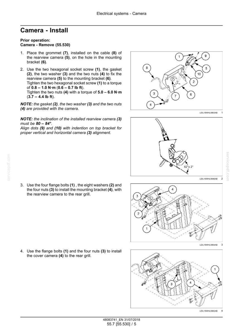 May include: Diagram of camera installation steps, including grommet, screws, washers, and nuts. Instructions detail torque specifications and alignment for the rearview camera and mounting bracket. Includes diagrams with numbered components.