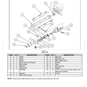 May include: An exploded view diagram of a Snapper unit for 4200 and 4400 Series Corn Headers. The diagram includes labeled parts such as shafts, knives, bolts, bearings, and washers. The diagram also includes a parts list with item numbers, quantities, and descriptions.