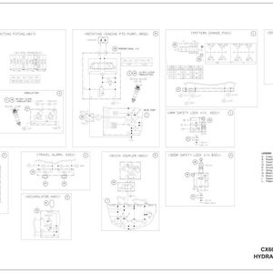 May include: A detailed engineering schematic for a CX60C excavator, featuring multiple diagrams of hydraulic systems. The diagrams are labeled with technical terms and include a legend. The image is in black and white.