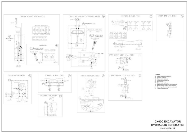 May include: A detailed engineering schematic for a CX60C excavator, featuring multiple diagrams of hydraulic systems. The diagrams are labeled with technical terms and include a legend. The image is in black and white.
