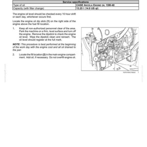 May include: Diagram of an engine maintenance procedure. Text includes instructions for checking engine oil, including locating the dipstick and fill location. The image also shows a diagram of the engine.