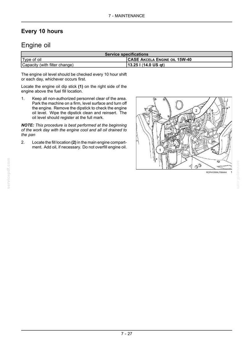 May include: Diagram of an engine maintenance procedure. Text includes instructions for checking engine oil, including locating the dipstick and fill location. The image also shows a diagram of the engine.