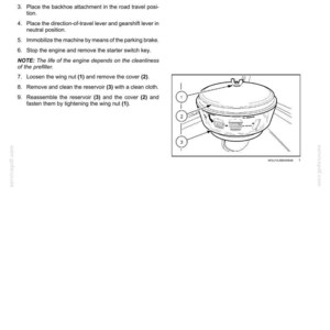 May include: Diagram of an air prefilter with numbered components for cleaning instructions. The image includes a labeled diagram of the prefilter, with callouts for the wing nut, cover, and reservoir. Text instructions are also included.
