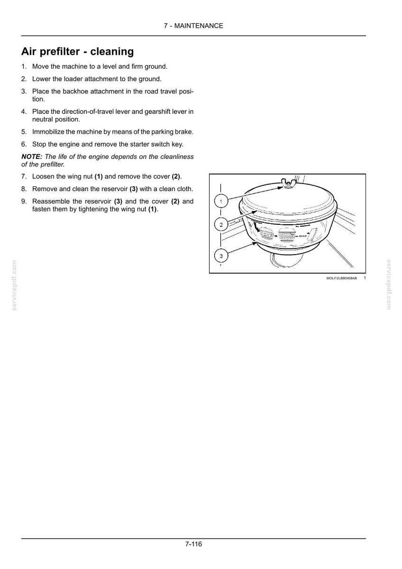 May include: Diagram of an air prefilter with numbered components for cleaning instructions. The image includes a labeled diagram of the prefilter, with callouts for the wing nut, cover, and reservoir. Text instructions are also included.