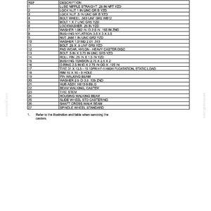 May include: A technical document titled TRAVELLING - FRONT AXLE containing a table of Outer Caster Parts. The list includes 27 numbered items with descriptions such as LUBE NIPPLE, LOCK NUT, BOLT, WASHER, BUSHING, and TIRE, detailing specifications.