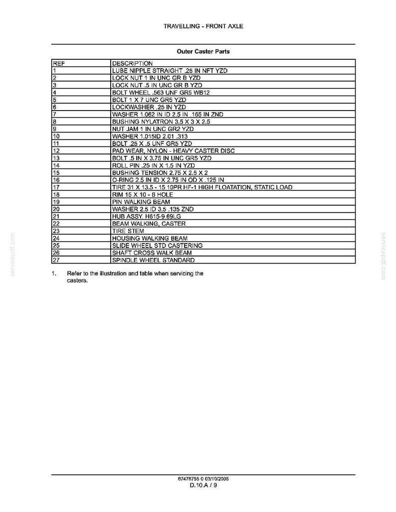 May include: A technical document titled TRAVELLING - FRONT AXLE containing a table of Outer Caster Parts. The list includes 27 numbered items with descriptions such as LUBE NIPPLE, LOCK NUT, BOLT, WASHER, BUSHING, and TIRE, detailing specifications.