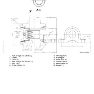 May include: An assembly drawing with multiple mechanical components, including bolts, a cover, and a bracket. The diagram includes measurements in millimeters and labels for each part, such as a thrust plate and roller shaft. The drawing is labeled with the number 5003-13.