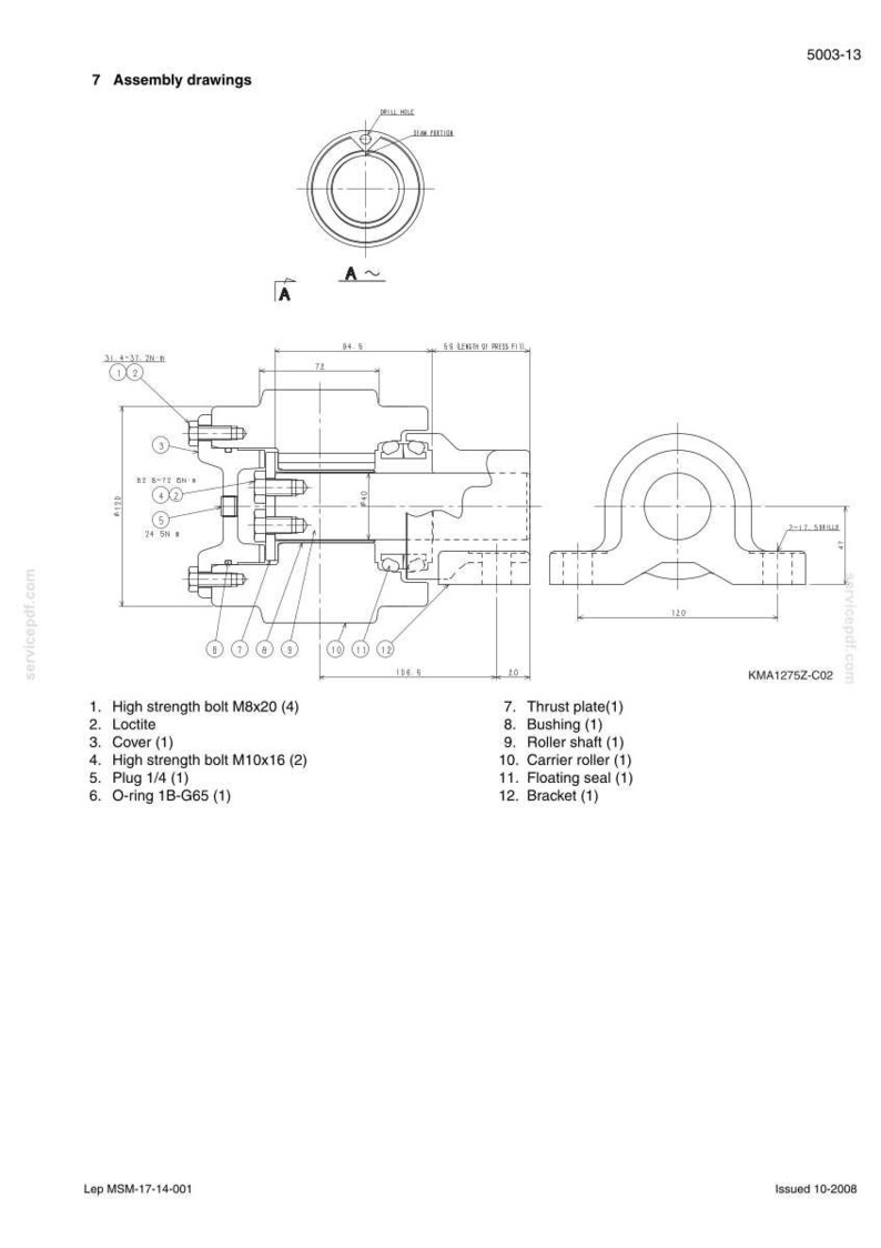 May include: An assembly drawing with multiple mechanical components, including bolts, a cover, and a bracket. The diagram includes measurements in millimeters and labels for each part, such as a thrust plate and roller shaft. The drawing is labeled with the number 5003-13.