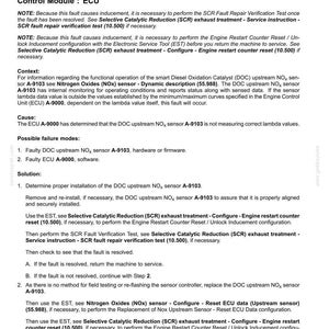 May include: A document with the title "DTC 32BE-Upstream NOx sensor lambda signal deviation - NOx sensor possible removal detected." The document provides instructions for troubleshooting and resolving the fault.