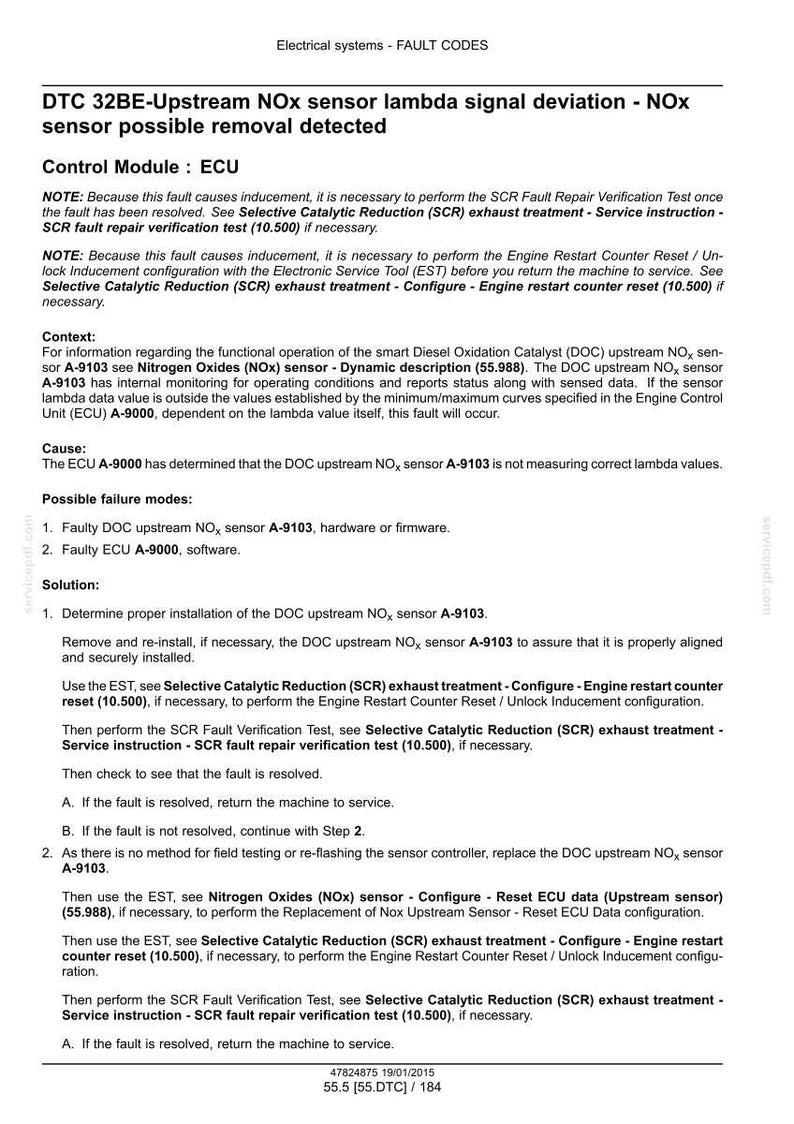 May include: A document with the title "DTC 32BE-Upstream NOx sensor lambda signal deviation - NOx sensor possible removal detected." The document provides instructions for troubleshooting and resolving the fault.